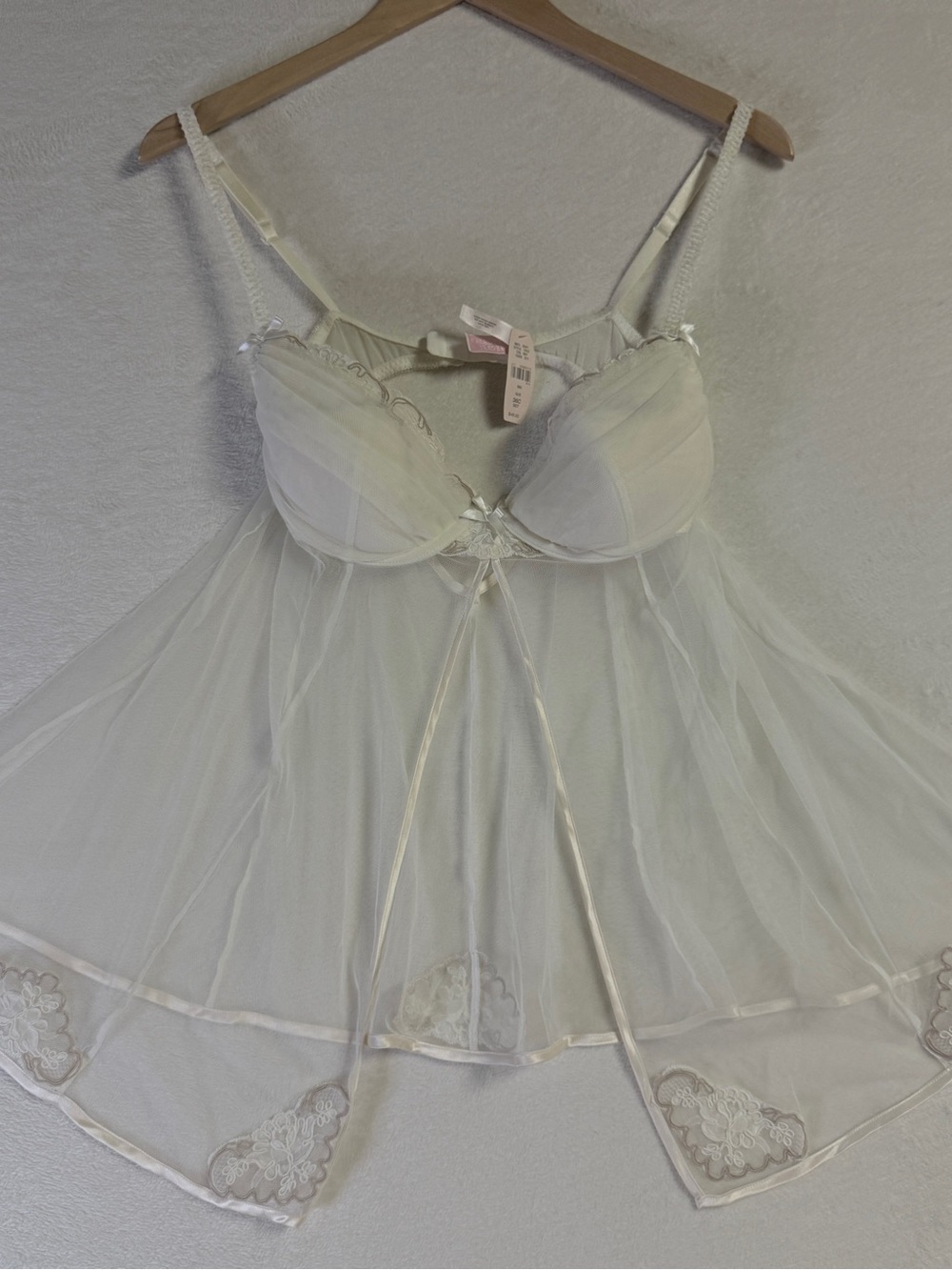 Victoria Secret Ivory Sheer Babydoll Chemise with Lace Trim 36C